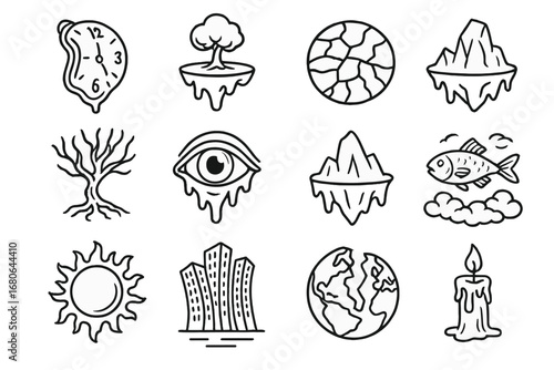 Surreal Climate Icons. Outline icon set of climate change visualized through surreal art: melting clock,