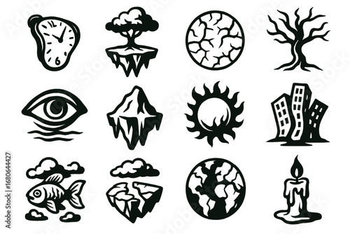 Surreal Climate Icons. Outline icon set of climate change visualized through surreal art: melting clock,