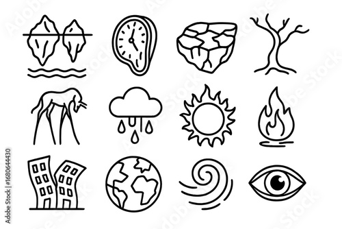 Imaginative Climate Icons. Outline icon set of imaginative climate visuals: floating icebergs, melting clocks,