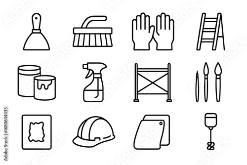 Mural Restoration Icons. Outline icon set of mural restoration and maintenance: paint scraper, cleaning brush,