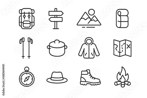 Trekking Gear Icons. Outline icon set of long-distance forest trekking: heavy backpack, trail sign, mountain