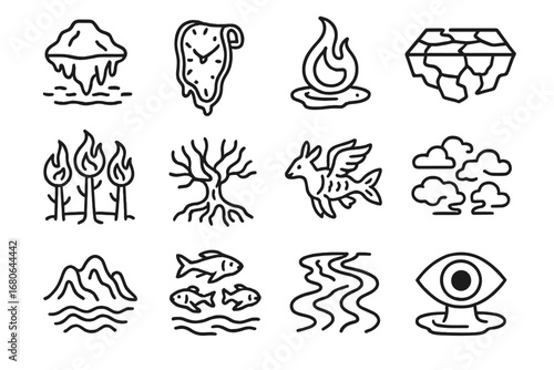Fantasy Climate Icons. Outline icon set of fantasy climate change scenes: dripping icebergs, melting clocks,