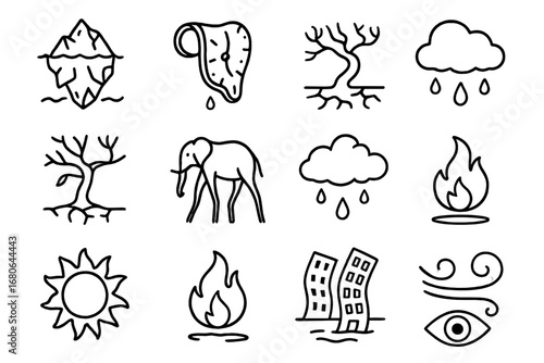 Imaginative Climate Icons. Outline icon set of imaginative climate visuals: floating icebergs, melting clocks,