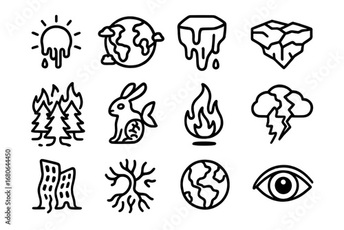 Imaginative Eco-Art Icons. Outline icon set of imaginative eco-art symbols: melting sun, floating continents,