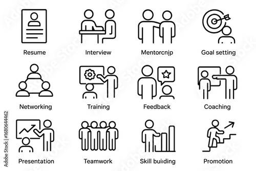 Career Development Icons. Outline icon set of career development sessions: resume, interview, mentorship, goal