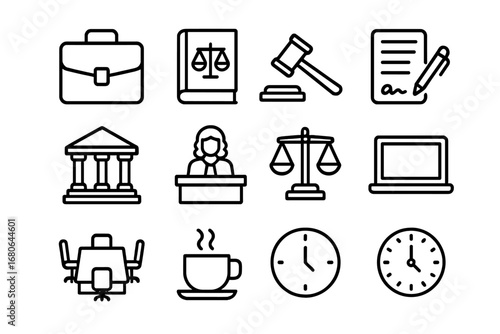 Legal Icons Grid. Outline icon set of legal offices in action: briefcase, law book, gavel, contract document,