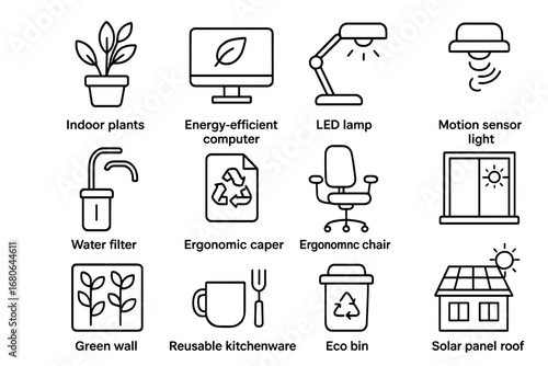 Sustainable Office Icons. Outline icon set of sustainable office design: indoor plants, energy-efficient
