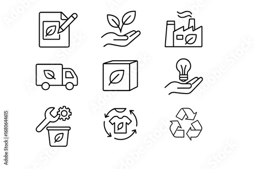 Renewable Lifecycle Icons. Outline icon set of renewable product lifecycle: design stage, raw material