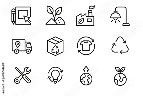Renewable Lifecycle Icons. Outline icon set of renewable product lifecycle: design stage, raw material