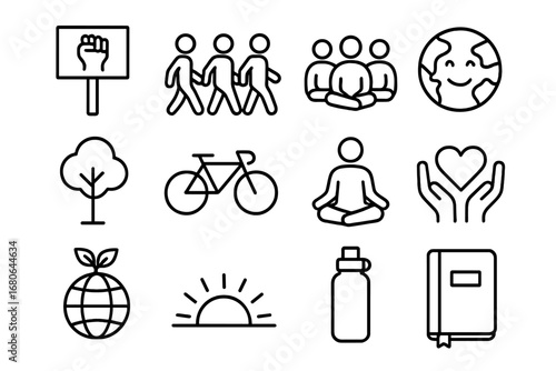 Climate Activism Icons. Outline icon set of mental wellness for climate activists: protest sign, peaceful