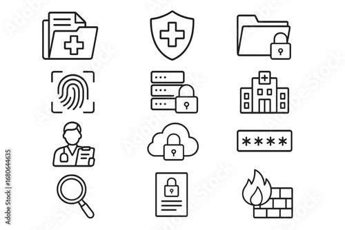 Healthcare Privacy Icons. Outline icon set of healthcare data privacy: medical records, shield with cross,