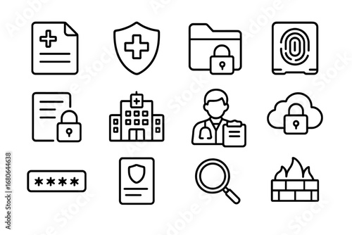 Healthcare Privacy Icons. Outline icon set of healthcare data privacy: medical records, shield with cross,