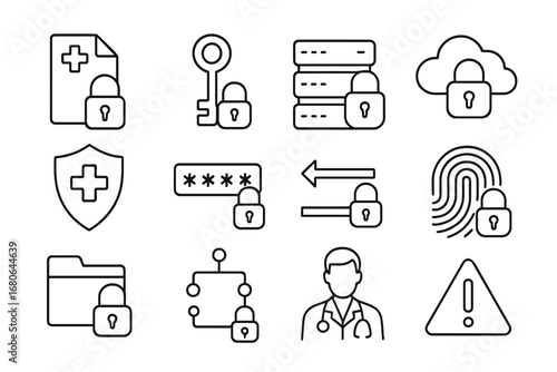 Medical Data Security Icons. Outline icon set of medical data encryption: encrypted file, key lock, secure