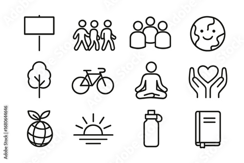 Climate Activism Icons. Outline icon set of mental wellness for climate activists: protest sign, peaceful
