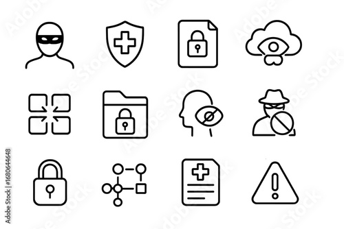 Health Data Security Icons. Outline icon set of health data anonymization: masked user, shield, encrypted file