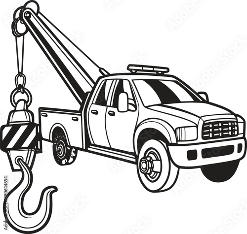 Illustration of a tow truck with a prominent hook and thick cable against a clean white background
