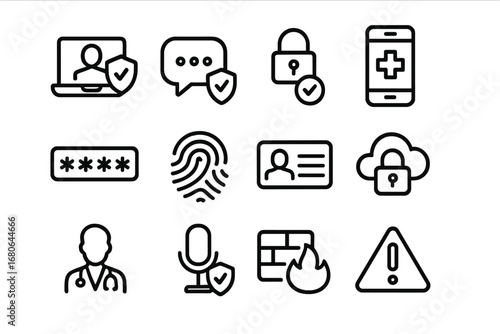 Telehealth Privacy Icons. Outline icon set of telehealth data privacy: video call shield, secure chat bubble,