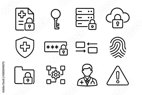 Medical Data Security Icons. Outline icon set of medical data encryption: encrypted file, key lock, secure