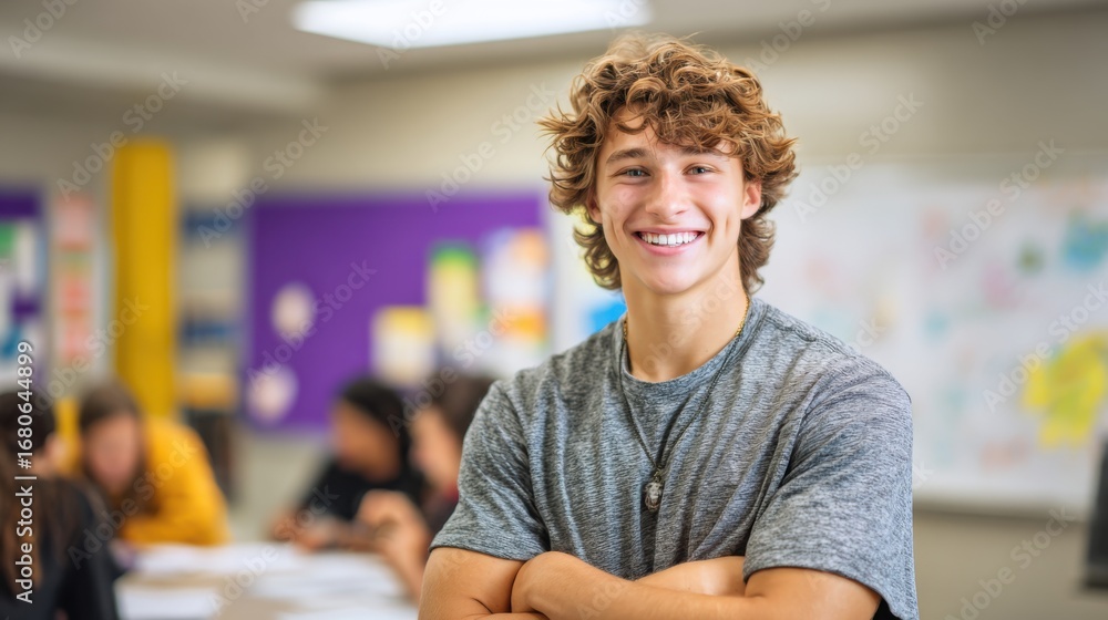 Obraz premium Smiling young Caucasian male student with curly hair in a classroom. Other students are engaged in activities in the background.