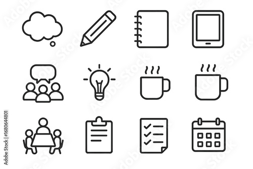 Brainstorming Icon Set. Outline icon set of creative brainstorming session: thought bubble, pencil, notepad,