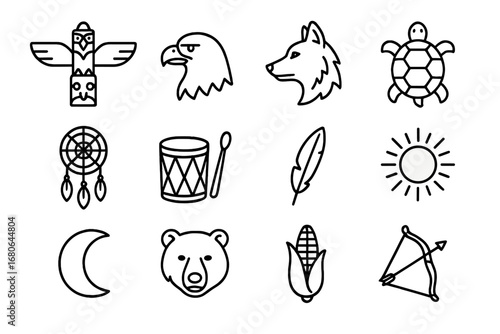 Native Mythology Icons. Outline icon set of Native American mythology tales: totem pole, eagle, wolf, turtle,