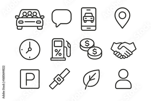 Carpooling Icon Set. Outline icon set of carpooling and ride-sharing: car with passengers, chat bubble, phone