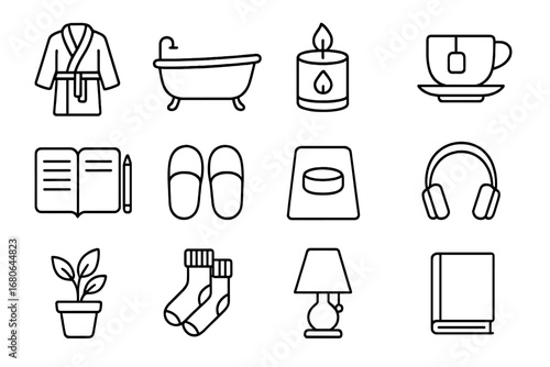 Me-Time Rituals Icons. Outline icon set of me-time rituals: bathrobe, bath tub, scented candle, herbal tea,