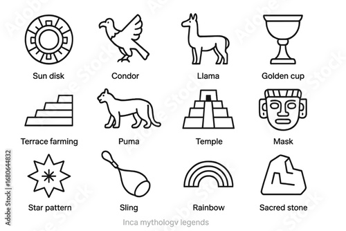 Inca Mythology Icons. Outline icon set of Inca mythology legends: sun disk, condor, llama, golden cup, terrace