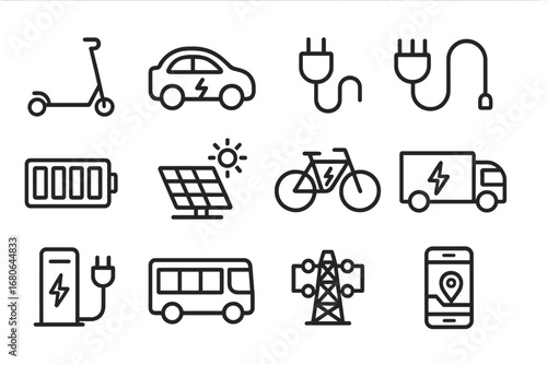 Electric Mobility Icons. Outline icon set of electric mobility: e-scooter, electric car, plug icon, charging