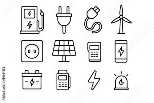 Charging Infrastructure Icons. Outline icon set of charging infrastructure: fast charger, plug, cable, wall