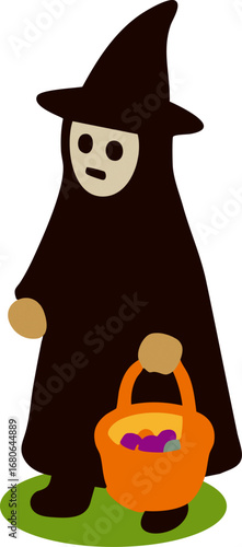 ハロウィンの仮装をしたお化けのかわいい手描きイラスト
Cute hand-drawn illustration of a ghost dressed up for Halloween
