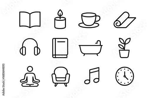 Self-Care Icon Set. Outline icon set of creating a me-time block: book, candle, tea cup, yoga mat, headphones,