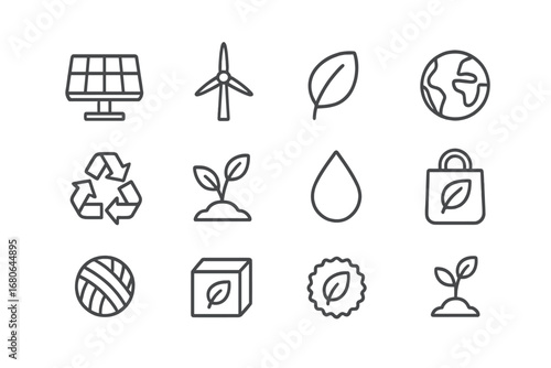Clean Energy Icons. Outline icon set of clean energy branding: solar panel, wind turbine, leaf, earth,