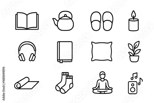Peaceful Alone Time Icons. Outline icon set of peaceful alone time: book, tea pot, slippers, candle,