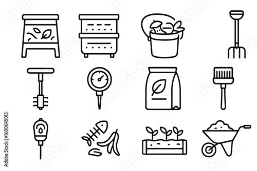 Home Composting Icons. Outline icon set of home composting: compost bin, worm bin, kitchen scrap bucket,