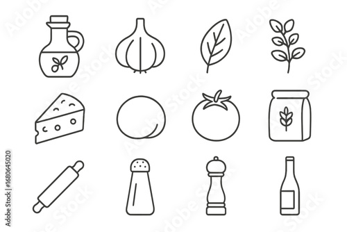 Italian Cooking Icons. Outline icon set of Italian cooking ingredients: olive oil bottle, garlic bulb, basil