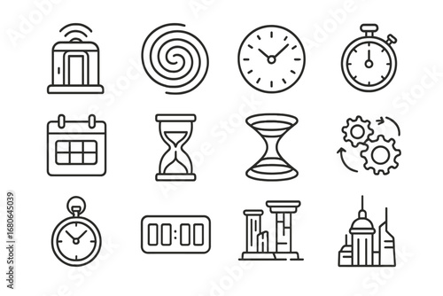 Time Travel Icons. Outline icon set of exploring time dimensions: time machine, vortex, clock face, stopwatch,