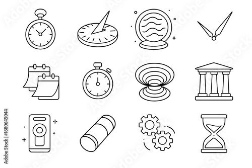 Time Travel Icons. Outline icon set of time travel adventures: pocket watch, sundial, time portal, clock hands
