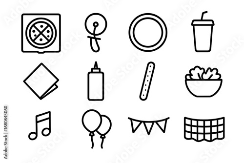 Pizza Party Icons. Outline icon set of pizza party essentials: pizza box, pizza cutter, paper plate, drink cup