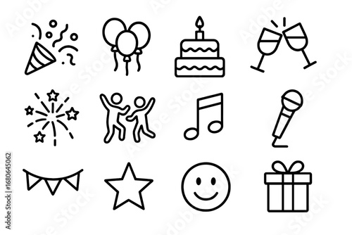 Celebration Icon Grid. Outline icon set of group celebrations: confetti, balloons, cake, clinking glasses,