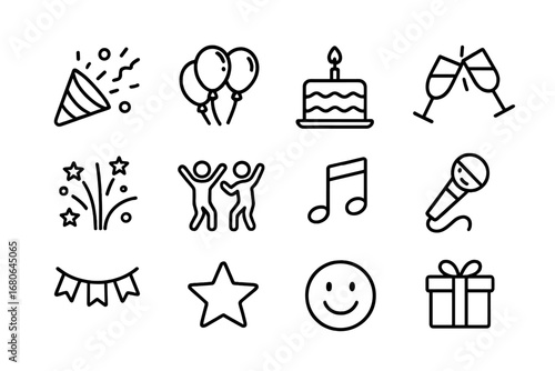 Celebration Icon Grid. Outline icon set of group celebrations: confetti, balloons, cake, clinking glasses,