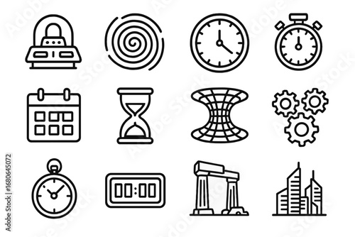 Time Travel Icons. Outline icon set of exploring time dimensions: time machine, vortex, clock face, stopwatch,