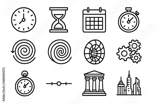 Time Icons Collection. Outline icon set of temporal shifts: clock face, hourglass, calendar, stopwatch, time