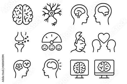 Emotional Brain Icons. Outline icon set of emotional brain functions: brain, neurons, amygdala, synapses,