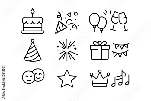 Celebration Icon Set. Outline icon set of celebrating friendship: cake, confetti, balloons, clinking glasses,