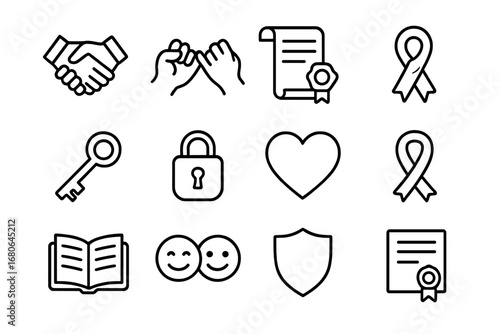 Friendship Promise Icons. Outline icon set of promises in friendships: handshake, pinky swear, scroll, wax