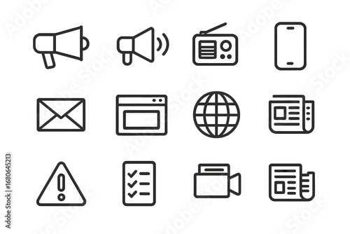 Emergency Info Icons. Outline icon set of public information in emergencies: megaphone, loudspeaker, radio,