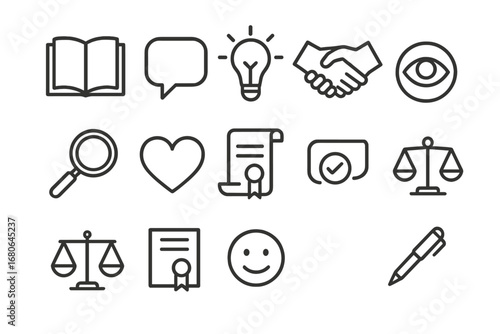 Honesty Icon Set. Outline icon set of honesty in friendships: open book, speech bubble, light bulb, handshake,
