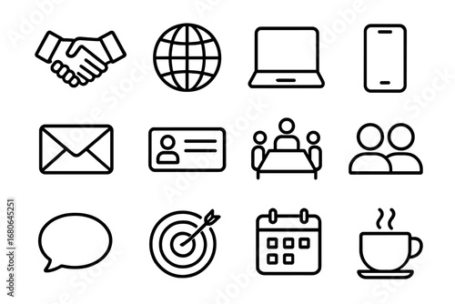 Professional Networking Icons. Outline icon set of professional networking: handshake, globe, laptop, phone,