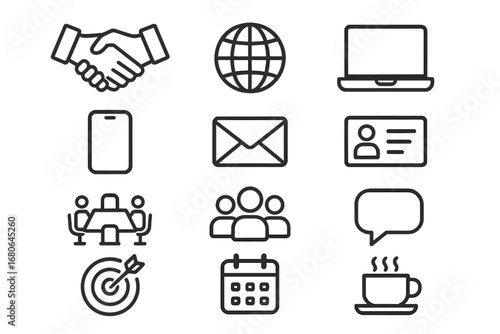 Professional Networking Icons. Outline icon set of professional networking: handshake, globe, laptop, phone,